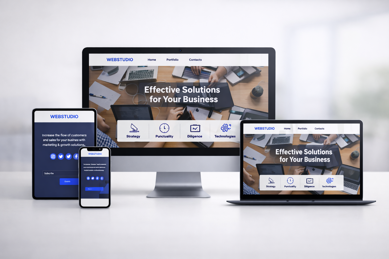 Responsive website design displayed across desktop, laptop, tablet, and mobile devices
